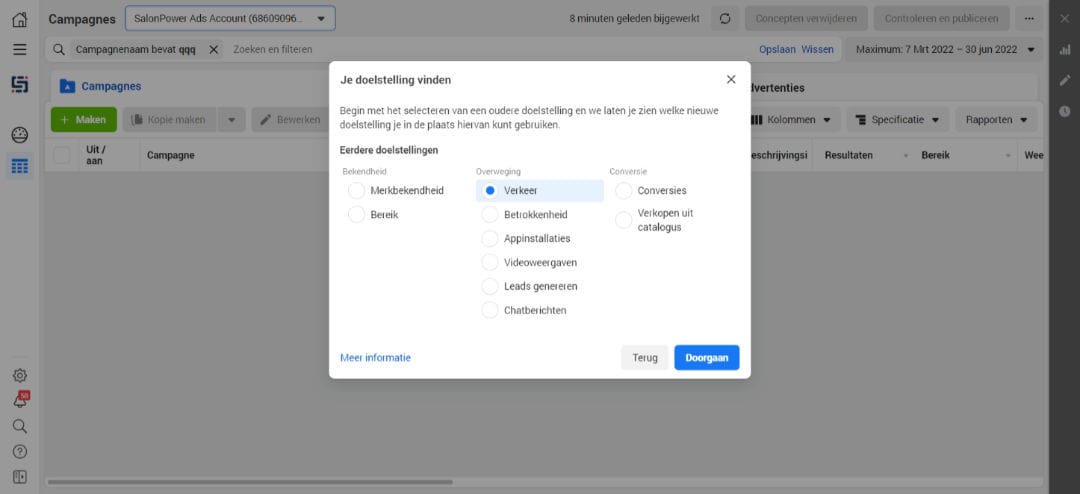 facebook instagram adverteren schoonheidssalons salons campagne doelstelling