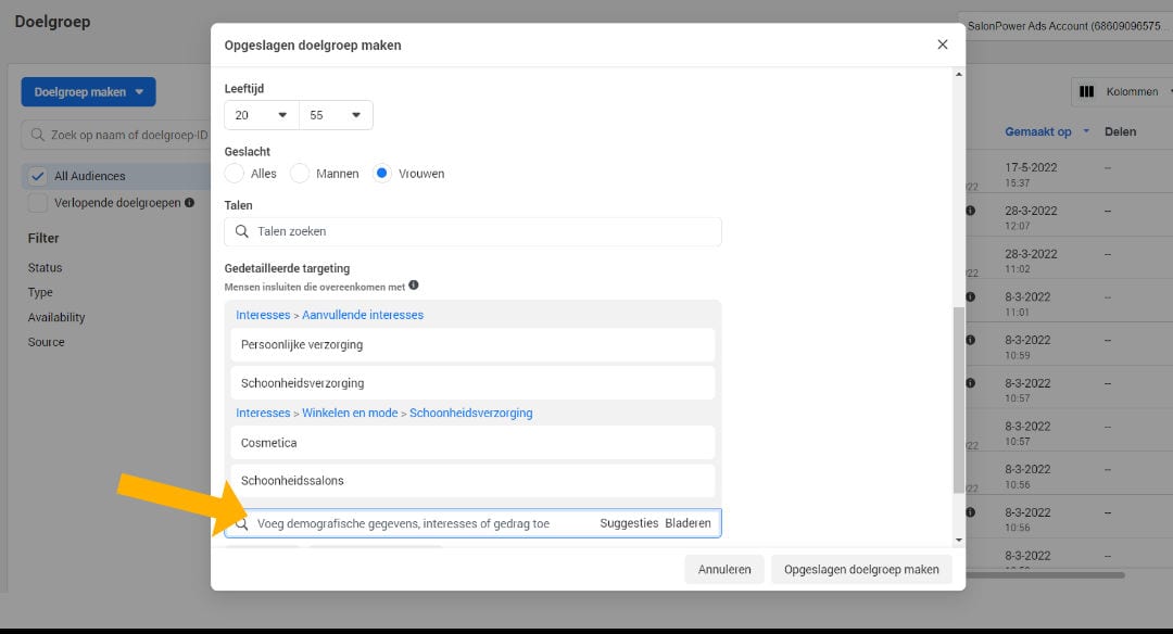 facebook instagram adverteren schoonheidssalons salons doelgroep interesses