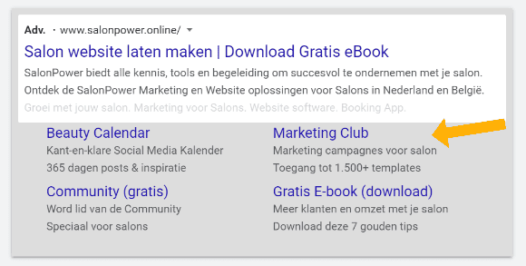 handleiding tips google ads adwords voor schoonheidssalons salons - sitelink
